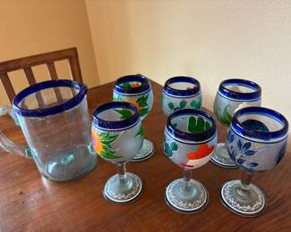 Mexican Hand Blown Pitcher, Set of 6 Mexico Hand Painted Blown Glass Wine Goblets