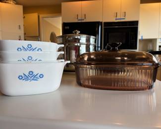 Corning Ware Blue Cornflower Casserole Dishes, Visions by Corning Amber Roasting Pan