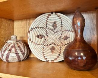 South Africa Zulu Herb Weaved Lidded Basket, African Coil Woven Basket, Lacquered Gourd Bottle