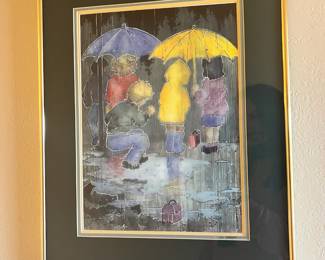 1993 Framed & Matted Watercolor Print of Children in the Rain by Val Persoon