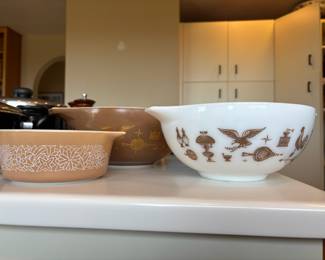 Pyrex Woodland Brown Casserole Dish, Pair of Pyrex Early American Nesting Mixing Bowls