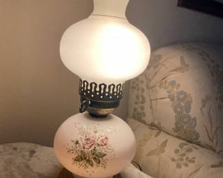 Milk Glass White with Floral Design Hurricane Lamp