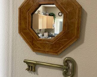 Wood Veneer Octagon Mirror, Brass Key Decoration