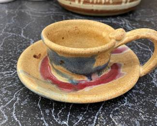 Yellow, Blue and Red Pottery Votive Candle Holder with Saucer