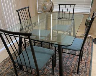 Modern Metal Glass Top Dining Table with 4 Dining Chairs