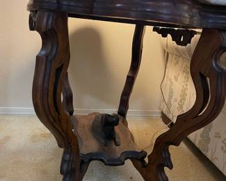 Victorian Marble Top Side Table with Carved Wood Dog Motif