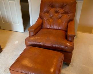 Barker's Cognac Brown Leather Tufted Arm Chair and Ottoman