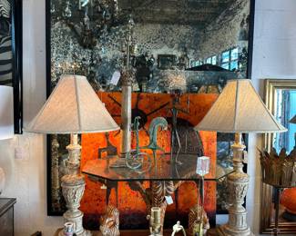 Enormous "Acid Washed" Mirror; Pair of Carved Urn form Lamps; Gosfled House "Duke of Windsor" Side Table; 17th C. Italian Library Table; and more