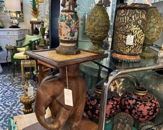 Carved Wood Elephant Side Table; 19th Century Chinese Porcelain Vase Lamp; and more