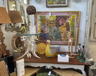 Pair of Painted & Parcel Gilt Spanish Side Tables; Foliate iron End Table; Two Richard Taicher Paintings; and more