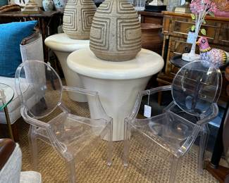 Pair of Child's Ghost Chairs; Pair of Karl Springer Mushroom End Tables; Pair of Vintage Pottery Geometric Lamps; and more