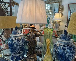 Cast Metal Water Carrier Lamp; Pair of Lidded Blue and White Hand Painted Pottery Urns; Pair of Seltzer Bottle Lamps; Murano Vessels; and more