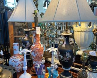 Pair of Basalt Black 19th Century Urn Lamps; Chinese Pottery; and more