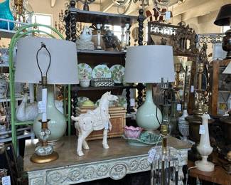 Carved Foliate Console; Tessellated Horse; Van Teal Lucite Lamp; Pair of Celedon Lamps; and more