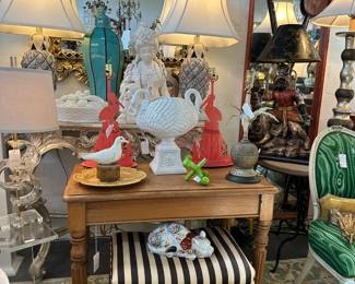19th C. Elmwood Tea Table; Curule Bench; Blanc de Chine Italian Swan Centerpiece; Vintage Jax Doorstop; Pair of Large Vintage Heraldic-style Mirrors; and more