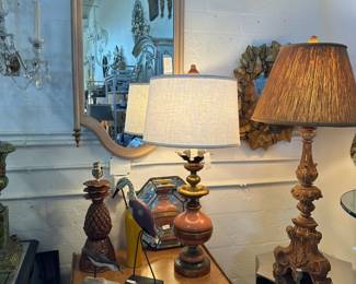 Pair of Carved Italian End Tables; Large Carved Wood Pricket Lamp; and more