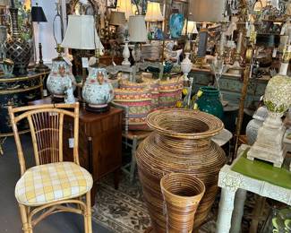 Large Pencil Reed Vessels; Rattan Side Chair; Italian Settee with Rush Seat (covered in colorful pillows); and more