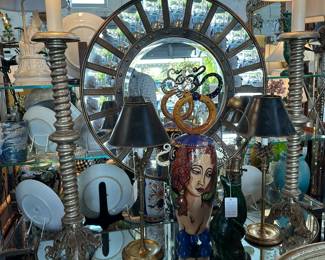 Metal Demilune Console, Mirrored Top; Pair of Brass Buffet Lamps; Large Pair of Spiral-Turned Table Lamps with Splayed Legs; and more