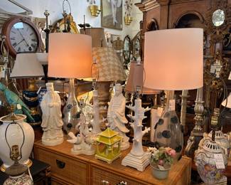 Woven Wicker Chest of Drawers; Pair of Murano Style Bottle Lamps; Pair of Old Paris Porcelain Urn Form Lamps; 19th C. Famille Rose Vase Lamp; and more 