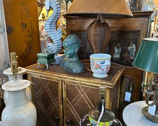 Rattan Cabinet with Fretwork Doors; Pencil Reed Lamp; Carved Wood Seahorse Lamp; Bronze Bust; and more
