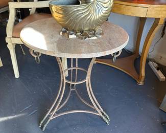 Pair of Iron Gueridons with Marble Tops and Brass Accents; Large Nautilus Spoon Warmer