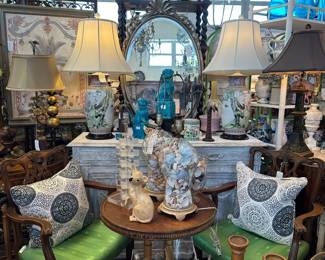 Pair of Chinese Chippendale Armchairs; Arthur Court Lucite Handkerchief Bowl; Pair of Chinese Famille Rose  Vase Lamps; Painted Commode; Oval Carved Silvergilt Mirror; and more 