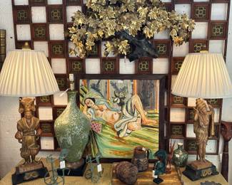 After Mattisse Hand Painted Tile; Pair of Asian Figural Lamps; Snakeskin-lined Vanity Tray; Tree Wall Hanging by Jere'; Pierced Mid-century Screen; and more