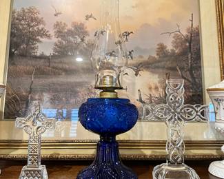 Vintage Blue Oil Lamp, Towle Crystal Celtic Cross