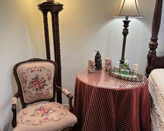 Beautiful Arm Chair Completely Covered in Embroidery, 3 Column Neoclassical Style 70" Torchiere Floor Lamp 