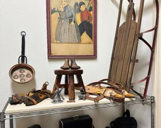 Antique Wooden Ice-Skates, Vintage Sled, Vintage Cameras