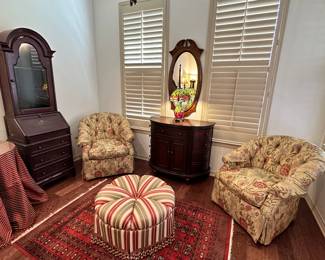 Vintage Sherrill Bedroom Chairs With Tufted Backs and Skirted, and Sherrill Pouf/Ottoman