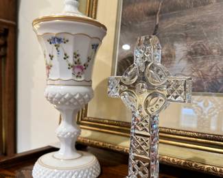 Westmoreland Milk Glass Candy Compote, Waterford Crystal Celtic Cross