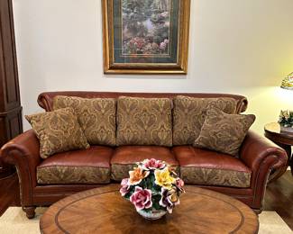 Leather/Tapestry Oversized Sofa, Round Coffee  Table, Capodimonte Floral