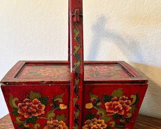 Antique, Dutch Wooden Basket with Handle & Lid, Hand Painted