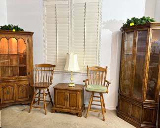 Corner China Cabinet, 2 Door End/Night Table, 2, 24" Barstools and Corner Gun Cabinet