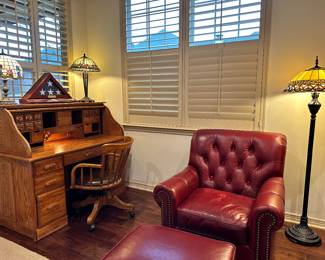 Roll Top Desk and Office Chair, Leather, Tufted Back Chair and Ottoman