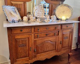 Antique Marble Topped Buffet with Mirror Back on Queen Ann Legs
