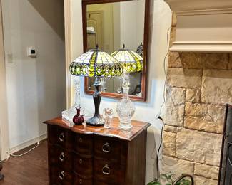 Another Beautiful Dale Tiffany Lamp: Art Nouveau Influenced Design,  Four Drawer Louis XV Style Chest and Mirror, Ship Decanters