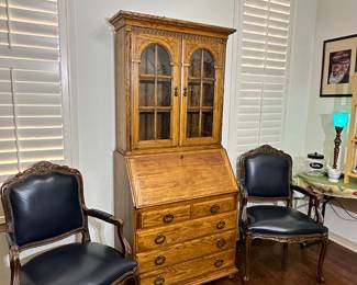 Italian Leather Chairs, Oak Secretary by Kling Colonial  with Display Hutch