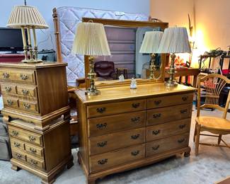 Pair of Oak 2 Drawer Night Stands, Maple 8 Drawer Dresser with Landscape Mirror, Pair of Heavy Vintage Brass Lamps