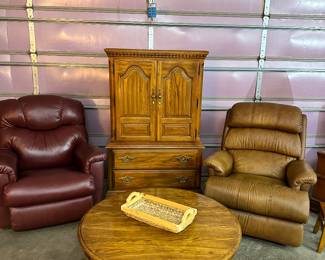 2 La-Z- Boy Leather Match Recliners, Oak Door Chest with 6 Drawers, Round Oak Coffee Table