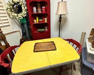 Vintage Kitchen Table, Pair of Vintage Arm Chair and Corner Cabinet painted Red