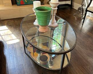 Forged iron oval glass top coffee table