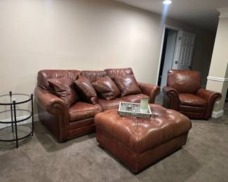 Leather sofa, recliner and ottoman