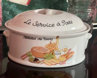 Vintage French porcelain casserole dish/terrine by Louis Lourioux. Features the words “Pâlletts de Tours" and "Saumur" is also written on the dish, referencing wine from the Saumur region.