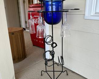 Hand blown glass wine chiller with 6 glass holders and 3 bottle holders