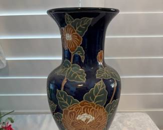 Floor Navy Blue Ceramic Vase with Large Flowers