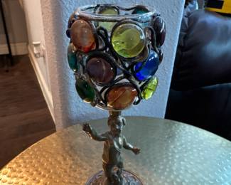 Votive Candle Holder on Cherub with Colored Glass