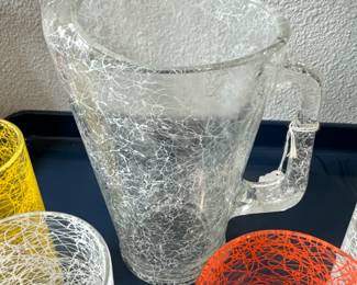 Splatter Pitcher and 4 Tall Tumblers (different colors). Vintage