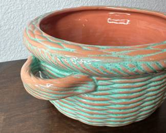 Fitz and Floyd Green on Terra Cotta Woven Casserole with Handles